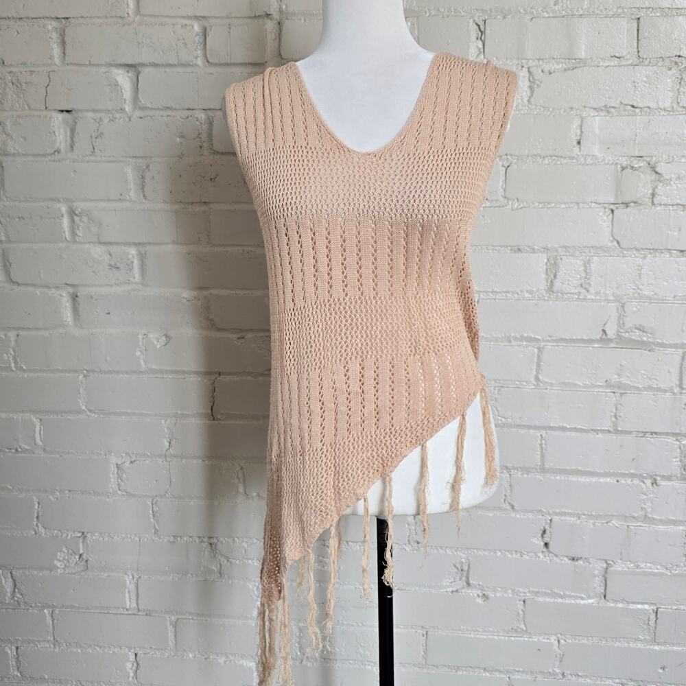 Coastal Cowgirl Cream Crochet Fringe Top Asymmetrical V Neck Sleeveless Festival